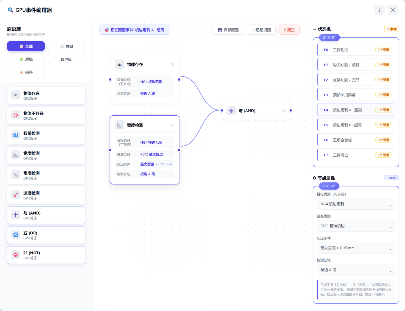 GPU event composer configuring an edge-burr over-height event
