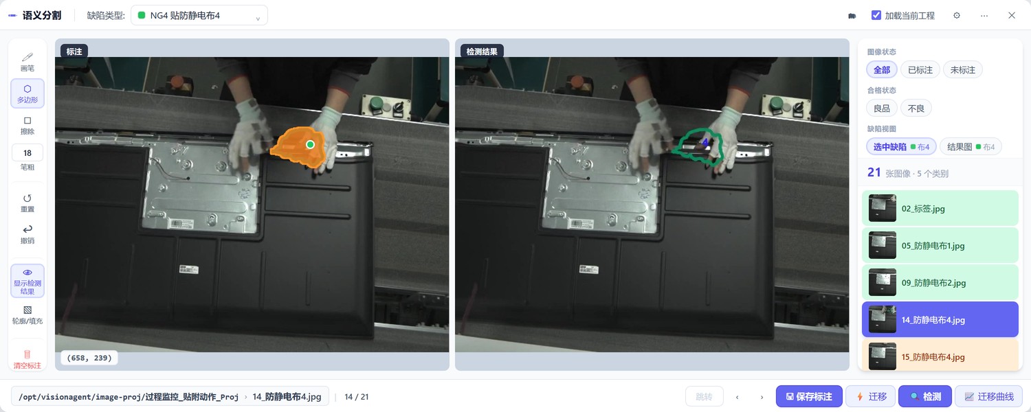 Semantic segmentation labelling: orange application region on the left, green model contour on the right